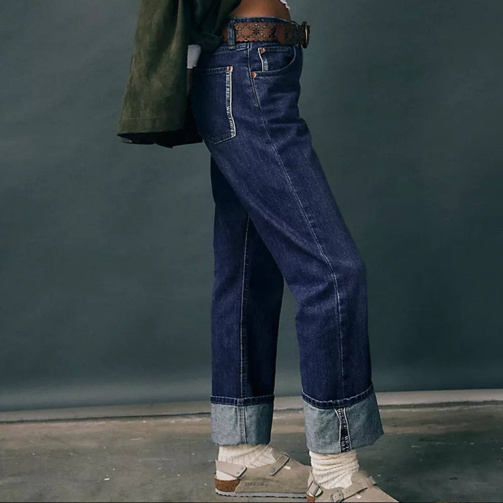 Free People Slim Shade Selvedge Cuffed Wide Leg Jeans Size 30 Dark Wash Logo - Picture 1 of 10